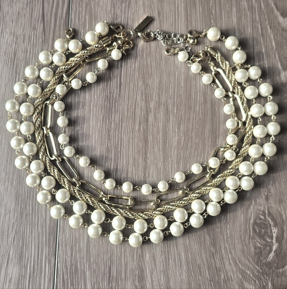 WHBM White House Black Market 5 Strand Pearl Gold Chain Layered Necklace